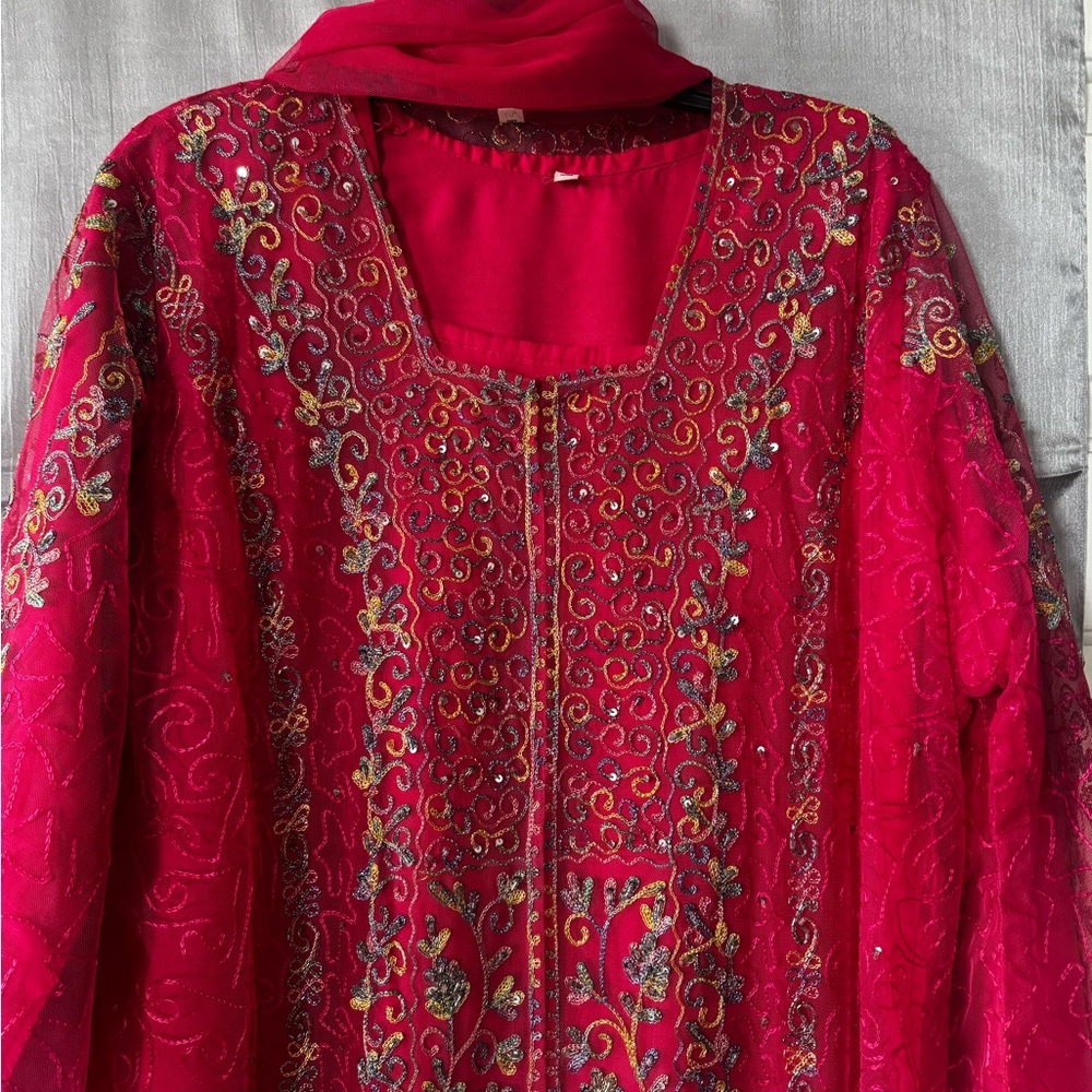 Elegant Red Embroidered Long Sleeve Dress
